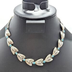Vintage Silver Tone Blue Rhinestone Leaf Design Hook Clasp 16" Necklace